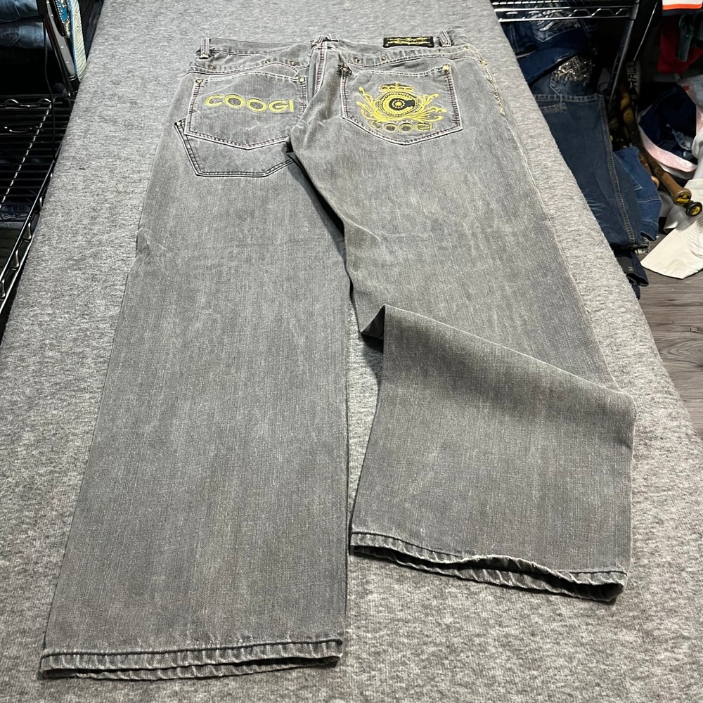 COOGI Baggy Embroidered Jeans Mens 38x34 Grey Y2K Hip Hop Wide Leg Denim